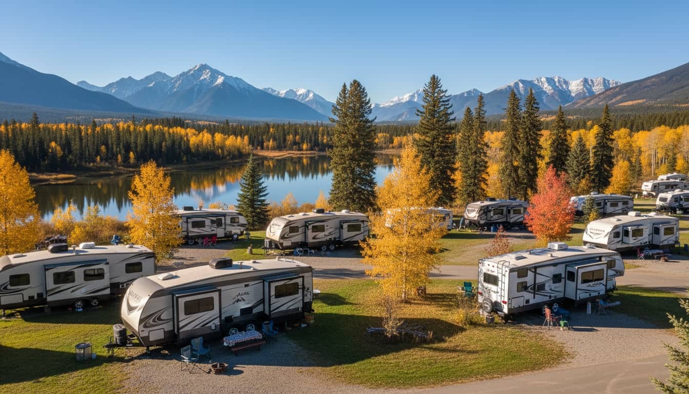 RVs parked at a mountain campground in autumn