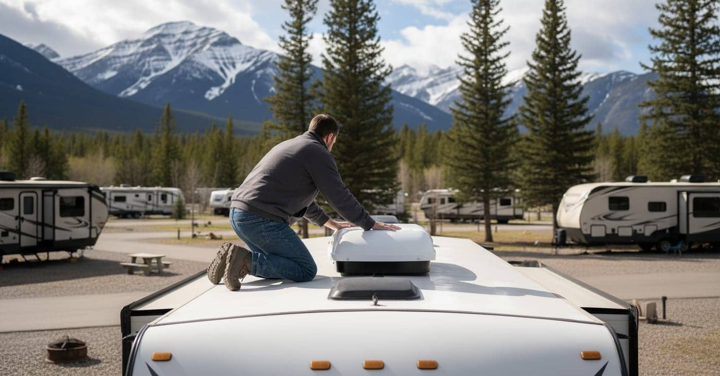 Person inspecting a rooftop RV air conditioner